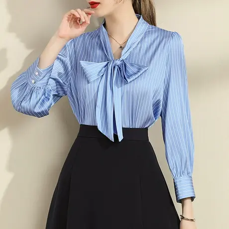 水墨青华2023冬季新品法式飘带领缎面衬衣百搭条纹衬衫内搭上衣图片