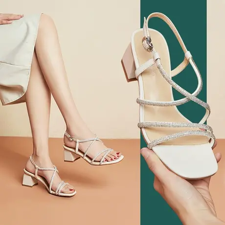 清仓纯色一字带凉鞋女粗跟时尚水钻细带凉鞋休闲白色女鞋商品大图