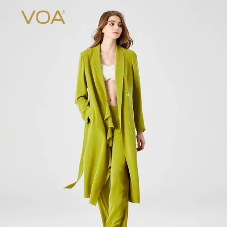 VOA30姆米重磅桑蚕丝橄榄绿V领长袖两粒扣腰带口袋中长款真丝风衣图片
