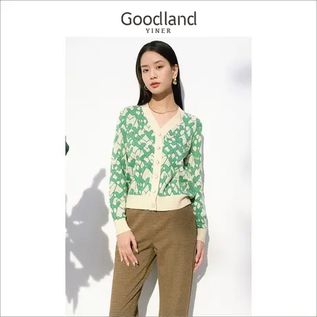 *Goodland美地女装秋季设计感毛衣拼色针织开衫商品大图