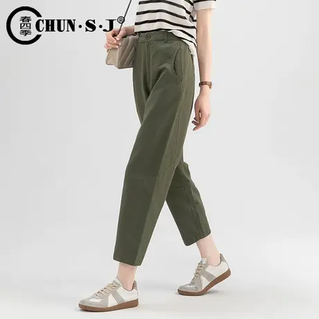 军绿色亚麻裤子女夏季2024新款棉麻女裤休闲裤哈伦萝卜裤九分薄款商品大图