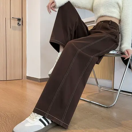 美拉德休闲窄版阔腿裤女2024春秋新款加厚高腰显瘦毛呢拖地长裤子商品大图
