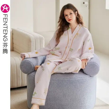 芬腾睡衣女秋冬纯棉空气棉夹层V领长袖套装宽松休闲加大码家居服商品大图