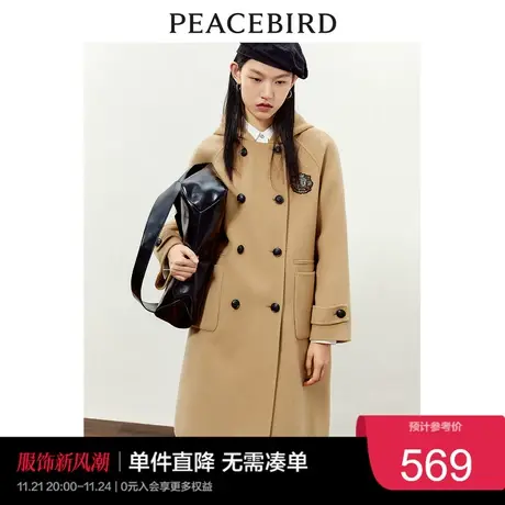太平鸟学院风双面呢大衣时尚连帽驼色中长款羊毛外套双排扣呢子衣商品大图