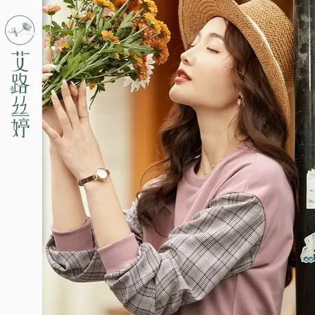 艾路丝婷拼接无帽卫衣女2023春秋新款韩版圆领打底衫春秋休闲上衣商品大图