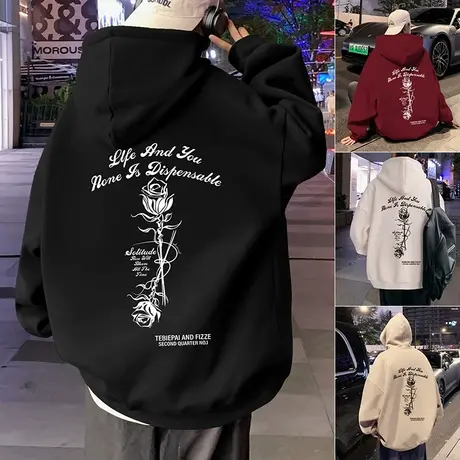 美式复古玫瑰花卫衣男重磅oversize春秋季连帽外套潮牌情侣上衣服商品大图