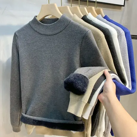 冬季一体绒半高领毛衣男士加绒加厚款保暖修身潮流中领打底针织衫商品大图