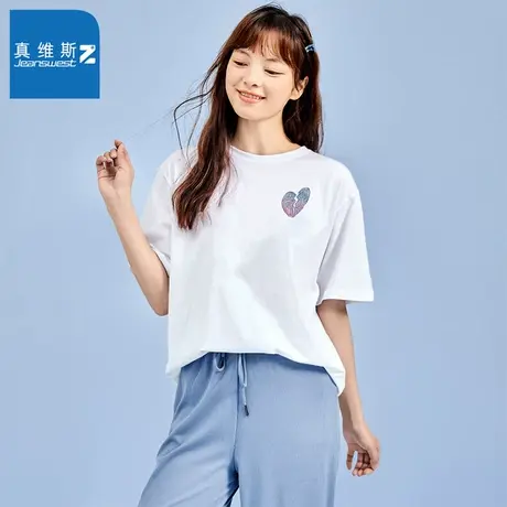真维斯Z+夏季女款纯棉短袖上衣新款街头潮流字母心形印花女T恤图片