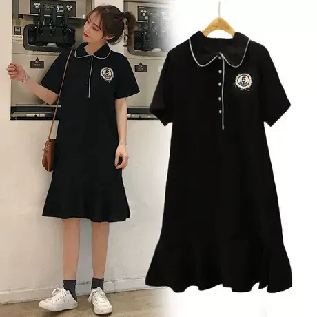 大码女夏装胖mm韩版polo连衣裙遮肚洋气显瘦鱼尾短袖T恤裙200斤潮商品大图