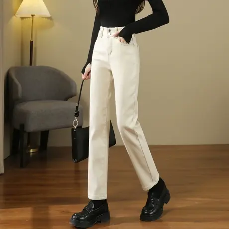 时尚百搭加绒牛仔裤女士2023年冬季新款保暖通勤休闲显瘦直筒裤子商品大图