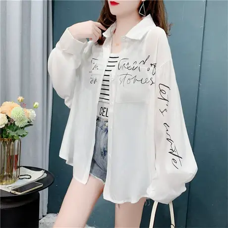 字母印花长袖防晒衬衫外套女2022新款夏季宽松休闲百搭设计感上衣商品大图