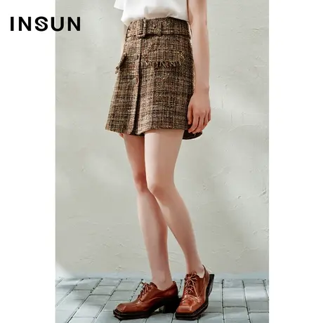 INSUN恩裳线上专选春季粗花呢假两件裤裙式短裤图片