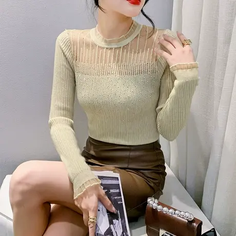 欧货钉珠烫钻拼接圆领针织衫性感网纱拼接上衣洋气修身百搭打底衫商品大图