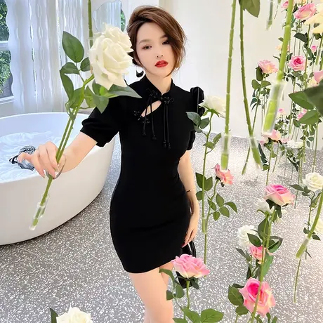 新中式盘扣改良旗袍新款女气质修身优雅小个子显瘦包臀连衣裙短款商品大图