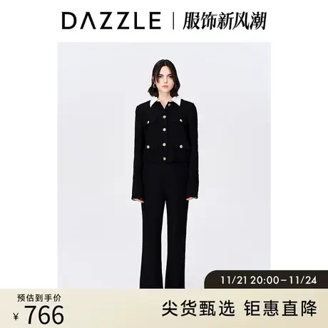 DAZZLE地素奥莱秋黑色优雅通勤高腰宽松阔腿花呢裤女图片