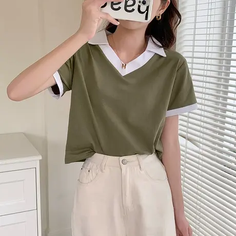 纯棉t恤女短袖2023夏季新款小个子撞色正肩短款polo衫v领高腰上衣商品大图