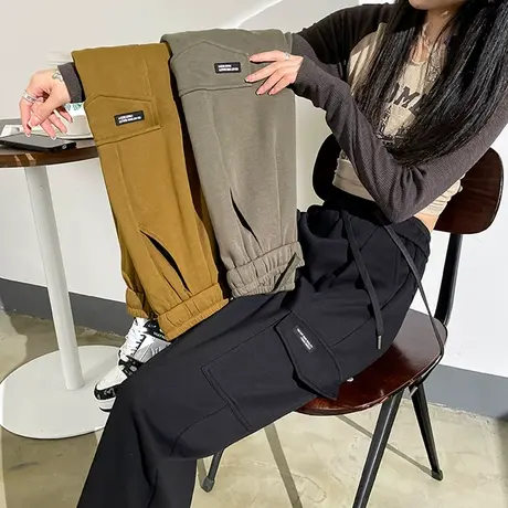 大口袋工装运动裤女春秋季高腰拖地直筒宽松卫裤休闲垂感阔腿裤子图片