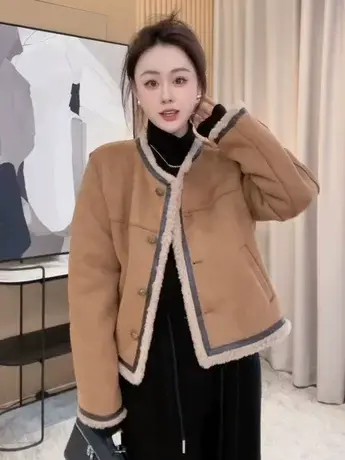 高级感小香风羊羔毛绒外套女冬季短款小个子皮毛一体麂皮绒夹克厚图片