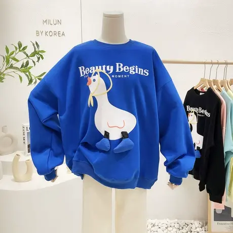 2022早春新款韩国东大门ins原宿风卡通宽松卫衣克莱因蓝上衣大码图片