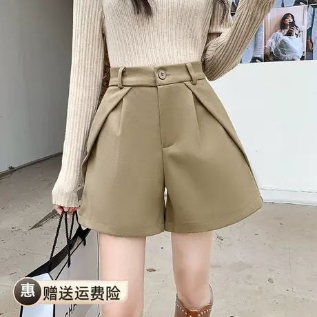 2023冬季新款设计感毛呢短裤女显瘦五分阔腿裤宽松卡其色a字裤图片