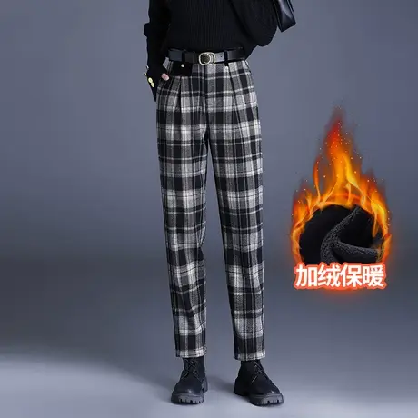 加绒格纹毛呢裤哈伦裤女秋冬2023新款高腰显瘦百搭休闲裤小脚裤厚图片