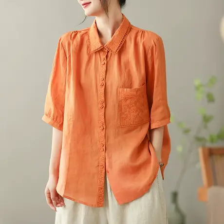 dza 复古苎麻女士衬衫2023夏季薄款短袖衬衣宽松显瘦棉麻开衫上衣图片