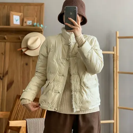 dza 毛领边中式羽绒服女冬新款宽松保暖立领90白鸭绒外套盘扣上衣商品大图