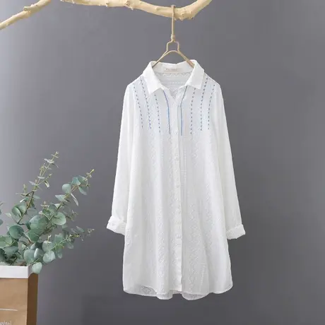 中长款文艺刺绣白衬衫女设计感小众长袖宽松春秋打底衫学生衬衣潮商品大图
