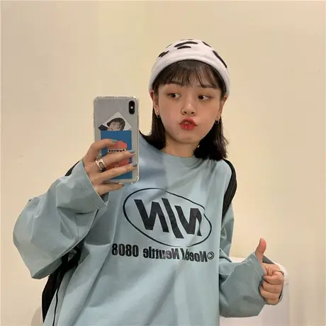 港风ins潮ulzzang字母百搭宽松oversize纯棉长袖圆领卫衣女上衣图片