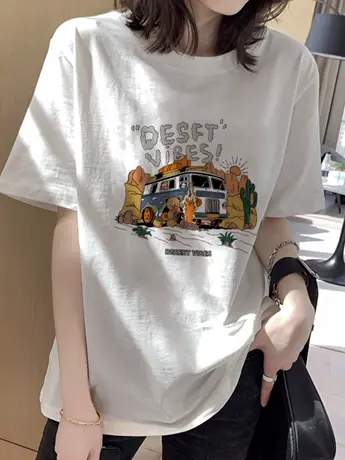 白色仿棉短袖t恤女夏季2023新款小众设计感学院运动风卡通上衣服商品大图