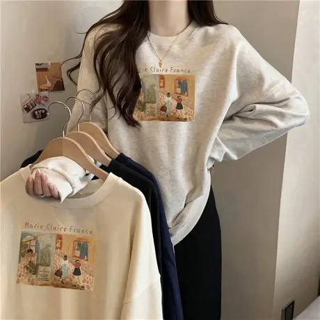 chic复古港味无帽圆领卫衣女秋冬季百搭宽松显瘦加厚加绒长袖上衣商品大图