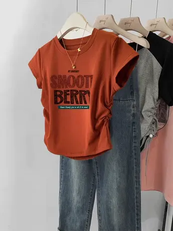 chic复古短款t恤女短袖2023新款辣妹修身ins潮橘色上衣高级感夏季商品大图