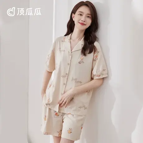 顶瓜瓜 2022新款彩棉桃子满印睡衣女夏 纯棉开襟短袖短裤家居服商品大图