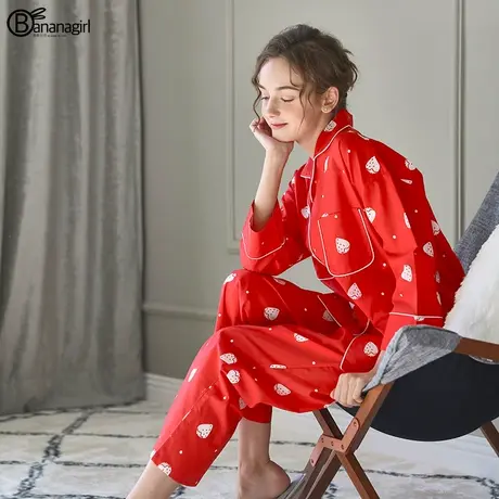 香蕉女孩春季纯棉情侣睡衣甜美少女长袖家居服时尚简约全棉套装新商品大图