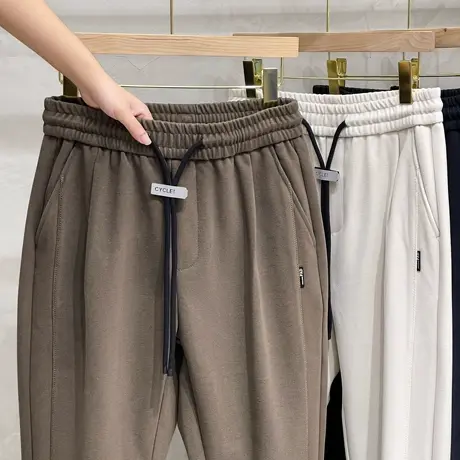 男士休闲裤直筒宽松新款潮流松紧腰哈伦裤秋冬毛呢裤子男冬季厚款商品大图