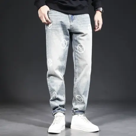 美式休闲高街牛仔裤男直筒宽松水洗复古印花2023新款秋季男士裤子商品大图