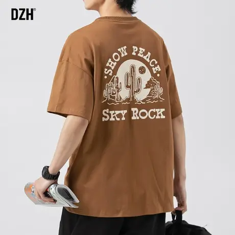 男生咖啡色短袖男款纯棉宽松男装2023新款夏季半袖t恤宽松体恤衫商品大图