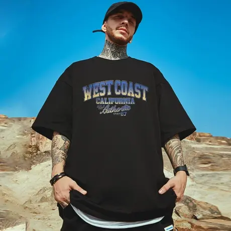 夏季纯棉美式高街短袖t恤男宽松胖子大码男装ins字母加肥加大半袖商品大图