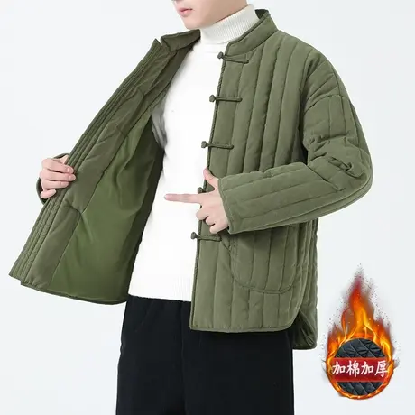 2023新冬季中国风棉衣男唐装盘扣复古外套布扣纯色竖条纹棉袄男装图片