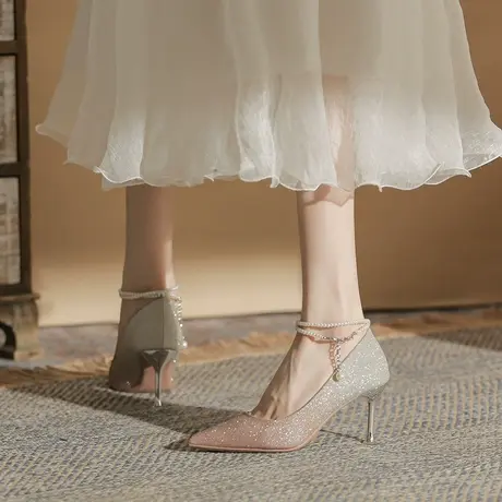 高跟鞋女2024新款春秋尖头细跟伴娘鞋礼服婚鞋性感气质一字带单鞋图片