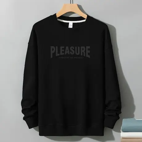 350g重磅男士卫衣秋冬款无帽潮流字母印花黑色上衣服圆领长袖t恤商品大图