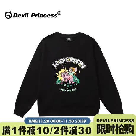 无性别穿搭小众卡通ins潮牌黑色无帽卫衣女学院风宽松加绒款上衣商品大图