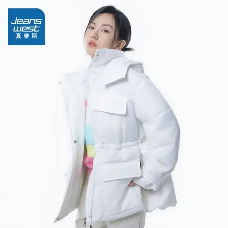 LE真维斯女装2023冬季新款纯色连帽休闲上衣日常户外女式棉衣外套商品大图