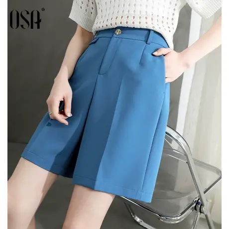 OSA欧莎蓝色高腰西装短裤女夏季薄款小个子阔腿裤休闲宽松四分裤商品大图