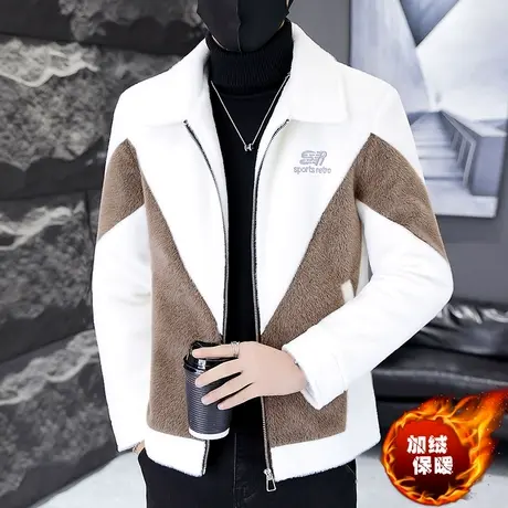 冬装潮牌仿水貂绒外套男翻领加绒加厚夹克ins痞帅气拼色短款风衣图片