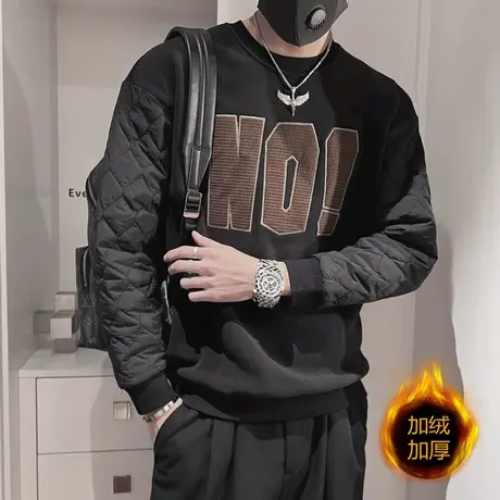 加绒卫衣男冬季2023新款拼接贴布设计感重磅加厚内搭长袖打底上衣商品大图