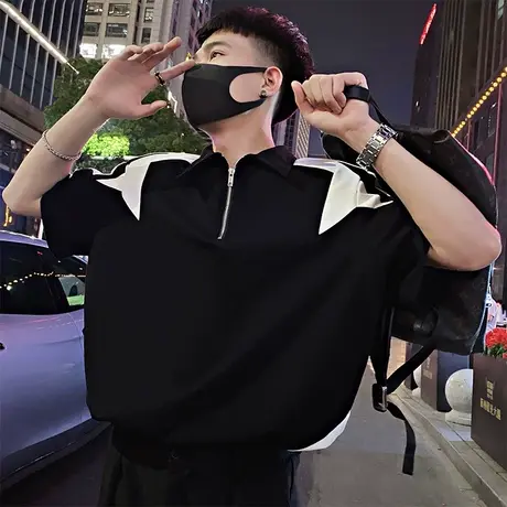 夏季男士t恤短袖polo衫翻领半袖宽松潮流半拉链撞色设计个性体恤商品大图