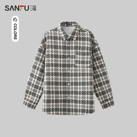 三福2024春季男士小香风格纹长衬衫 潮流通勤翻领上衣男481082商品大图