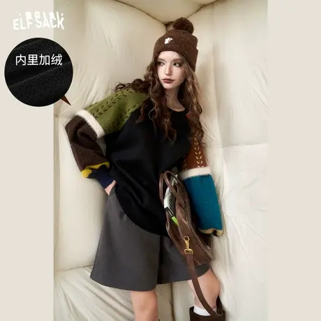 妖精的口袋拼接设计感圆领加绒卫衣女2023冬季新款学院风长袖上衣图片