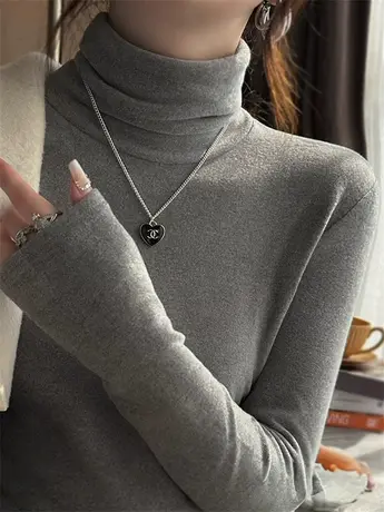 高领德绒打底衫女内搭加绒2024新款秋冬灰色加厚保暖长袖t恤上衣商品大图